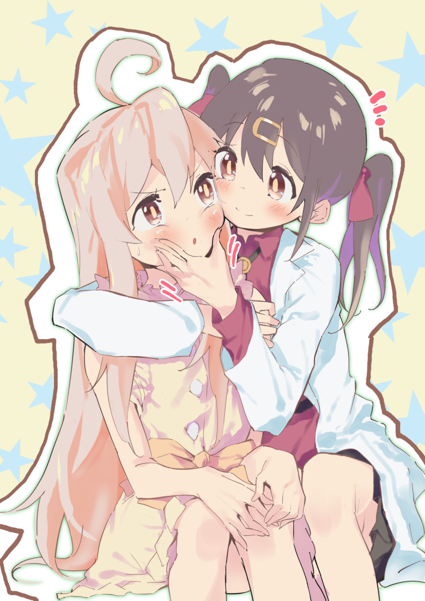 2girls ahoge bangs black_skirt blush brown_dress brown_eyes brown_hair cheek_squash closed_mouth collared_shirt commentary_request dress feet_out_of_frame genderswap genderswap_(mtf) hair_between_eyes hair_ornament hairclip highres labcoat lamb_(hitsujiniku) long_hair multicolored_hair multiple_girls notice_lines onii-chan_wa_oshimai! open_clothes outline oyama_mahiro oyama_mihari parted_lips pleated_skirt purple_hair red_shirt shirt sitting skirt sleeveless sleeveless_dress smile twintails two-tone_hair v-shaped_eyebrows very_long_hair white_outline