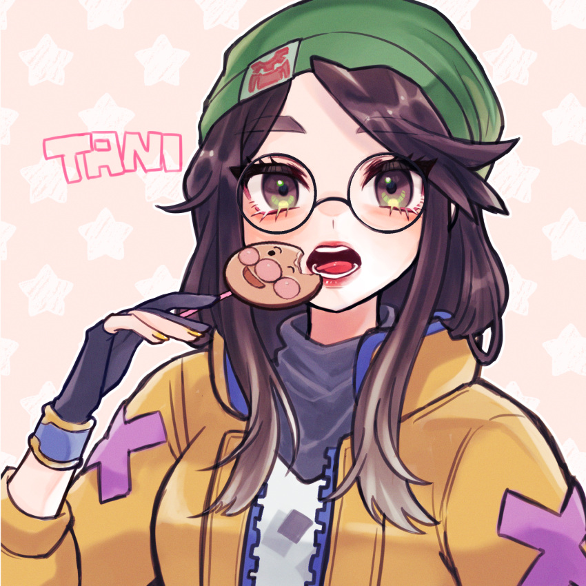 1girl 3bai_kaiouken animification artist_name bangs beanie black_hair black_sweater breasts brown_eyes candy food food_bite glasses green_headwear hat highres holding holding_candy holding_food holding_lollipop jacket killjoy_(valorant) lollipop long_hair looking_at_viewer medium_breasts open_mouth orange_jacket parted_bangs pink_background portrait round_eyewear shirt solo star_(symbol) star_print sweater valorant white_shirt