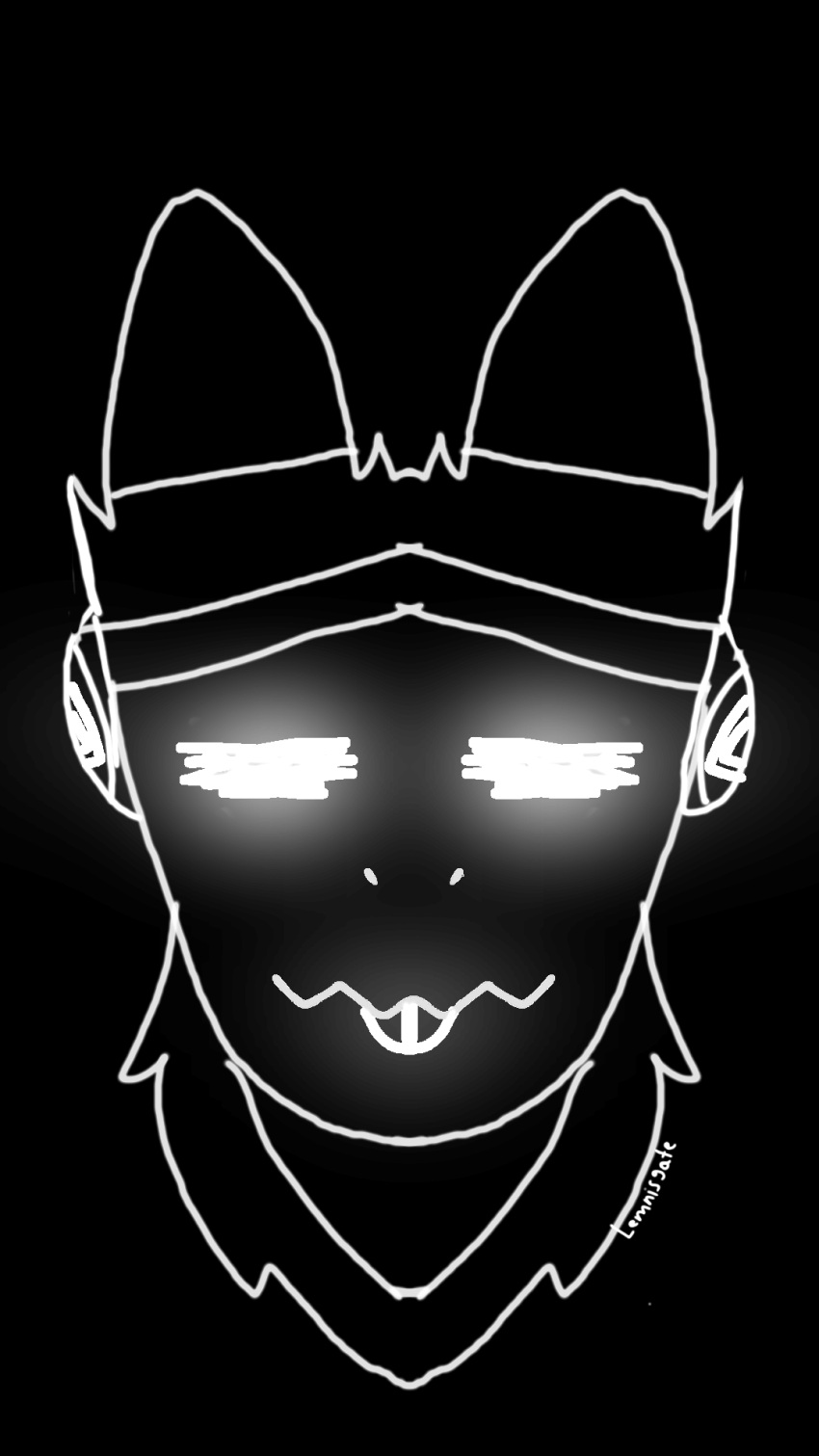 9:16 anthro black_and_white eyes_closed fur glowing glowing_eyes glowing_mouth hi_res lemniscate_(lemnisgateprotogen) lemnisgateprotogen machine male monochrome protogen solo symmetry tongue tongue_out