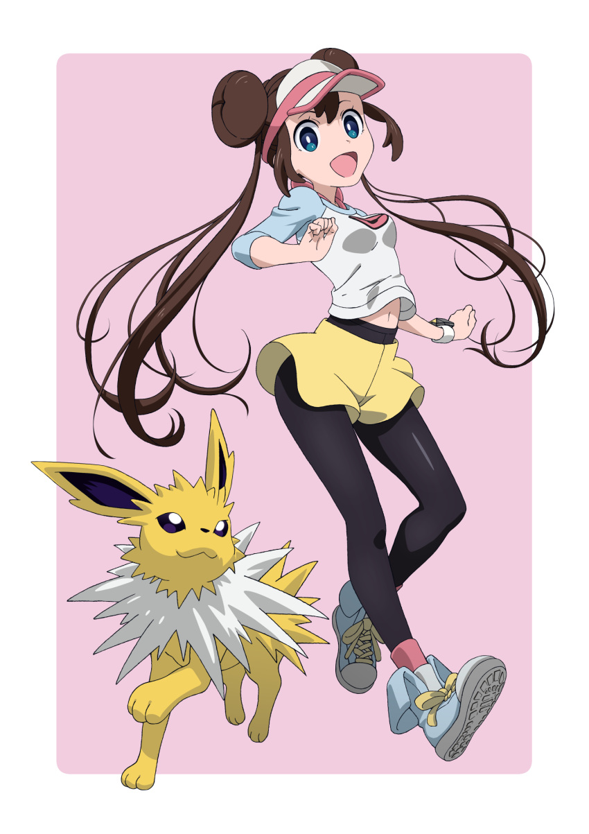 1girl :d aqua_eyes black_pantyhose border breasts bright_pupils brown_hair commentary_request double_bun doughnut_hair_bun gensei_(makotohara0510) hair_bun highres jolteon legwear_under_shorts long_hair open_mouth pantyhose pokemon pokemon_(creature) pokemon_(game) pokemon_bw2 raglan_sleeves rosa_(pokemon) shoes short_shorts shorts smile sneakers twintails visor_cap white_border white_pupils yellow_shorts