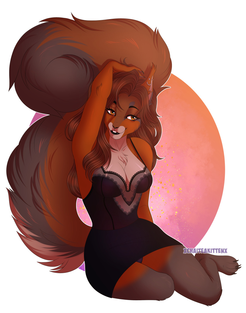 absurd_res anthro big_tail black_lips bottomwear breasts breathe_(artist) brown_body brown_eyes brown_fur brown_hair buckteeth chest_tuft claws cleavage clothed clothing ear_piercing ear_ring female fluffy fluffy_tail fully_clothed fur hair hi_res lips mammal piercing ring_piercing rodent sciurid skirt smile solo tail teeth tree_squirrel tuft