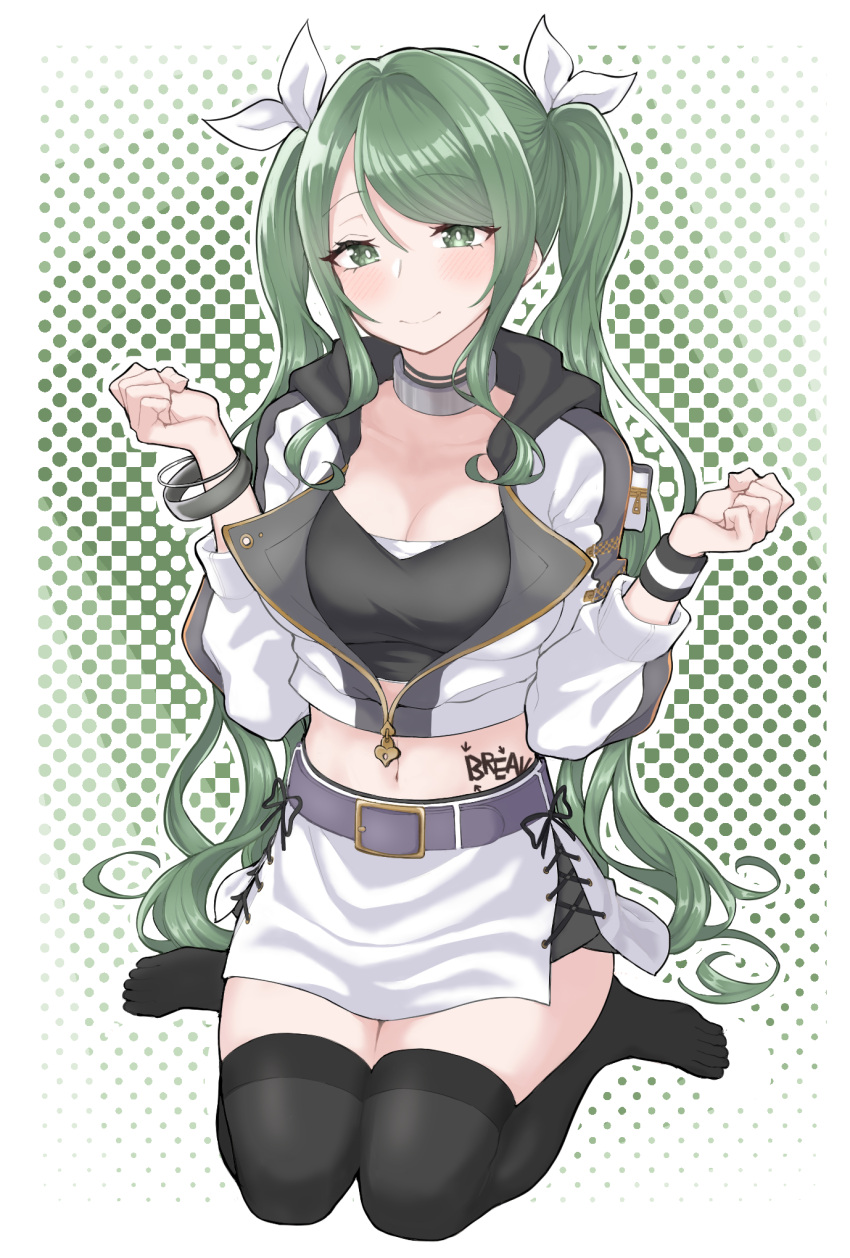 1girl bangs belt black_shirt black_thighhighs blush body_writing bracelet breasts cleavage closed_mouth collar collarbone commentary crop_top cropped_jacket d4dj full_body green_background green_eyes green_hair grey_belt hair_between_eyes hair_ribbon hands_up highres hood hood_down hooded_jacket jacket jewelry large_breasts long_hair long_sleeves looking_at_viewer midriff navel partially_unzipped ribbon shimizu_esora shirt sidelocks sitting skindentation skirt smile solo swept_bangs thighhighs twintails wariza white_jacket white_ribbon white_skirt wristband yuu_(vy6wh7hqrrxdxx7) zettai_ryouiki zipper