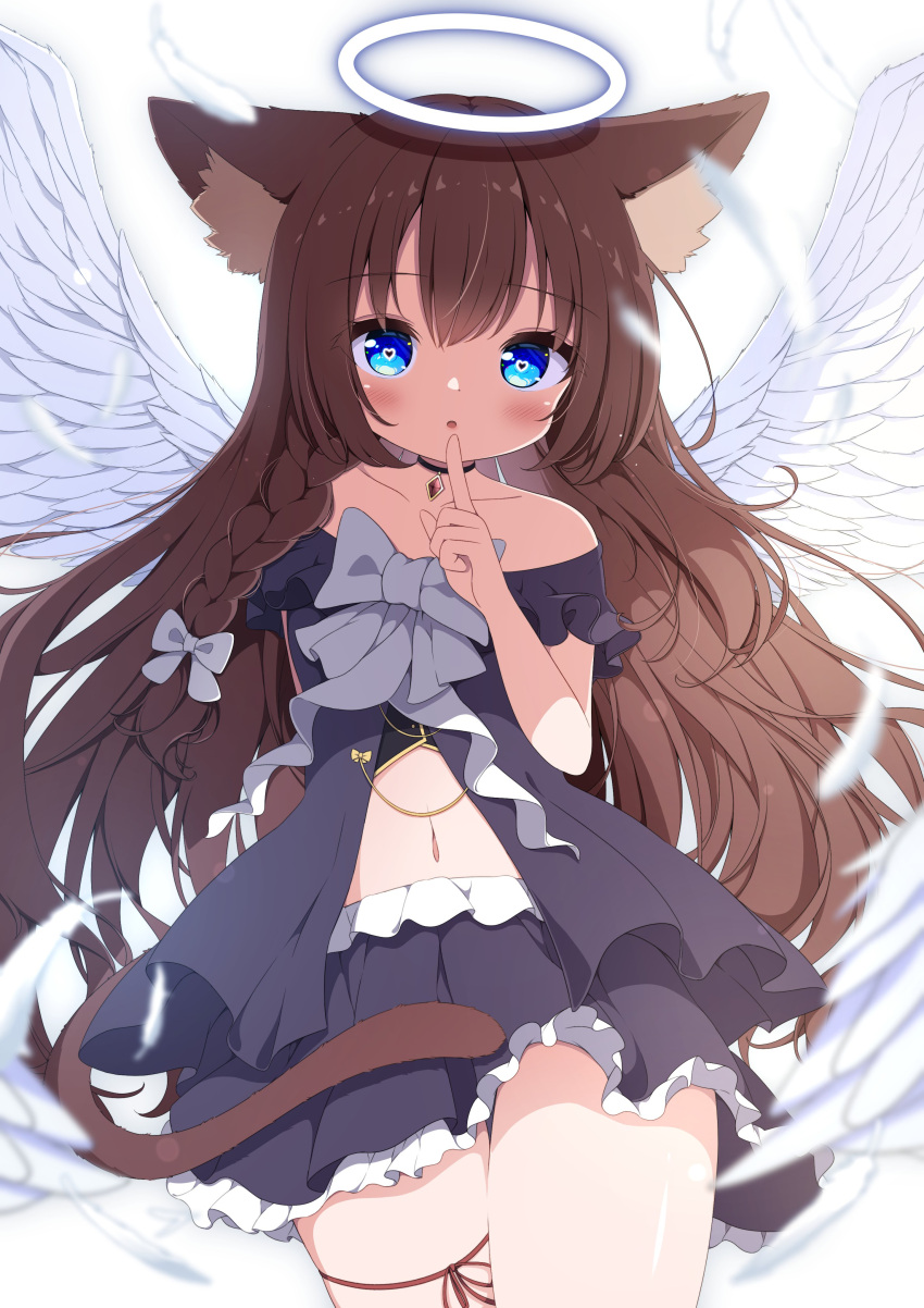 1girl absurdres angel_wings animal_ear_fluff animal_ears bangs bare_shoulders black_skirt blue_eyes bow braid brown_hair cowboy_shot frilled_skirt frills g4ku hair_bow halo heart heart-shaped_pupils highres index_finger_raised long_hair looking_at_viewer navel open_mouth original side_braid single_braid skirt solo standing symbol-shaped_pupils thighs white_background white_bow white_wings wings