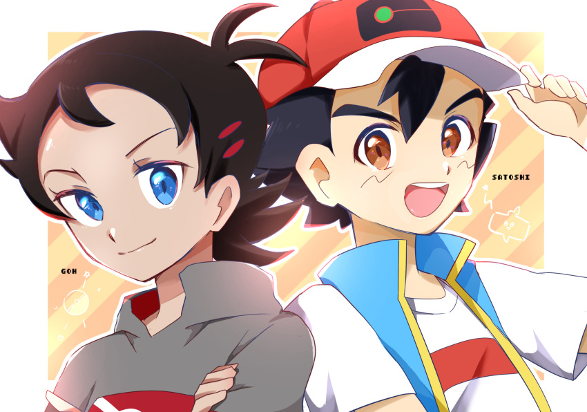 2boys :d antenna_hair ash_ketchum bangs black_hair blue_eyes blue_jacket brown_eyes closed_mouth commentary_request eyelashes goh_(pokemon) grey_shirt hand_on_headwear happy hat highres jacket looking_at_viewer male_focus multiple_boys open_mouth pokemon pokemon_(anime) pokemon_journeys red_headwear shirt short_hair short_sleeves sleeveless sleeveless_jacket smile t-shirt teeth tongue tuki_0427 upper_teeth_only white_shirt