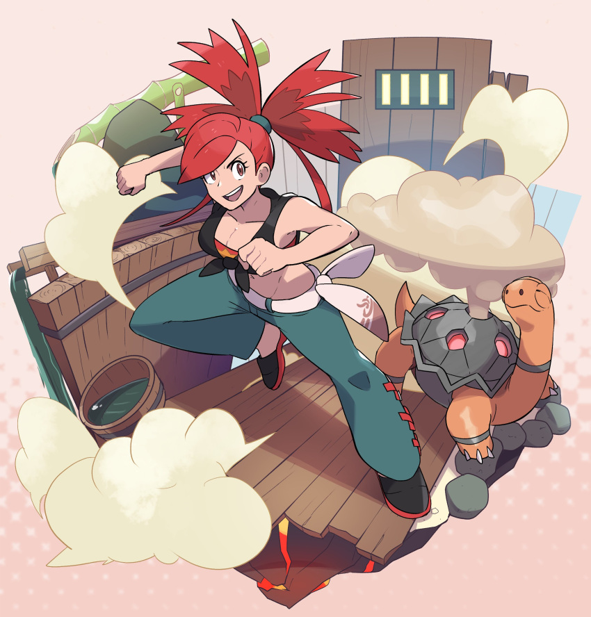 1girl :d absurdres bangs bare_arms black_footwear black_shirt breasts brown_eyes bucket cleavage clenched_hands commentary eyelashes flannery_(pokemon) flippers green_pants highres indoors juno_son navel open_mouth pants pokemon pokemon_(creature) pokemon_(game) pokemon_oras ponytail red_hair shirt smile standing steam teeth tied_shirt tongue torkoal upper_teeth_only water wooden_floor