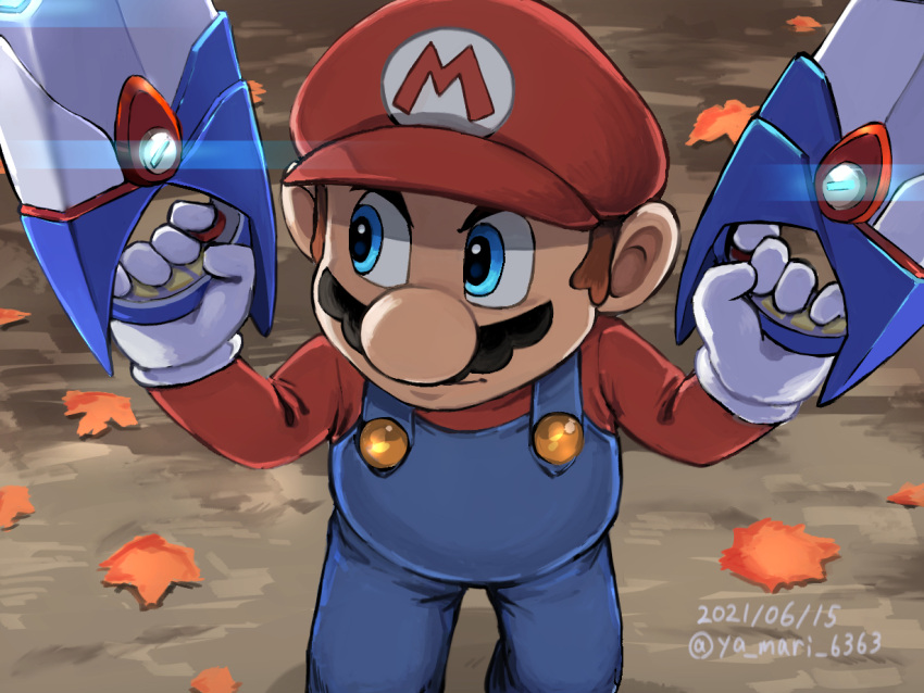 1boy artist_name autumn_leaves blue_eyes blue_overalls brown_hair cowboy_shot dual_wielding facial_hair hat holding holding_weapon leaf mario mario_(series) mario_+_rabbids_sparks_of_hope mustache overalls red_headwear short_hair solo weapon ya_mari_6363