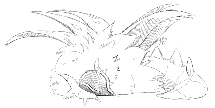 2023 ambiguous_gender ancient_pokemon arthropod eyes_closed feral fluffy generation_9_pokemon hy_thegreykatt insect insect_wings lying monochrome nintendo on_front paradox_pokemon pokemon pokemon_(species) shaded signature sketch sleeping slither_wing solo sound_effects spikes spikes_(anatomy) vowelless vowelless_sound_effect wings zzz
