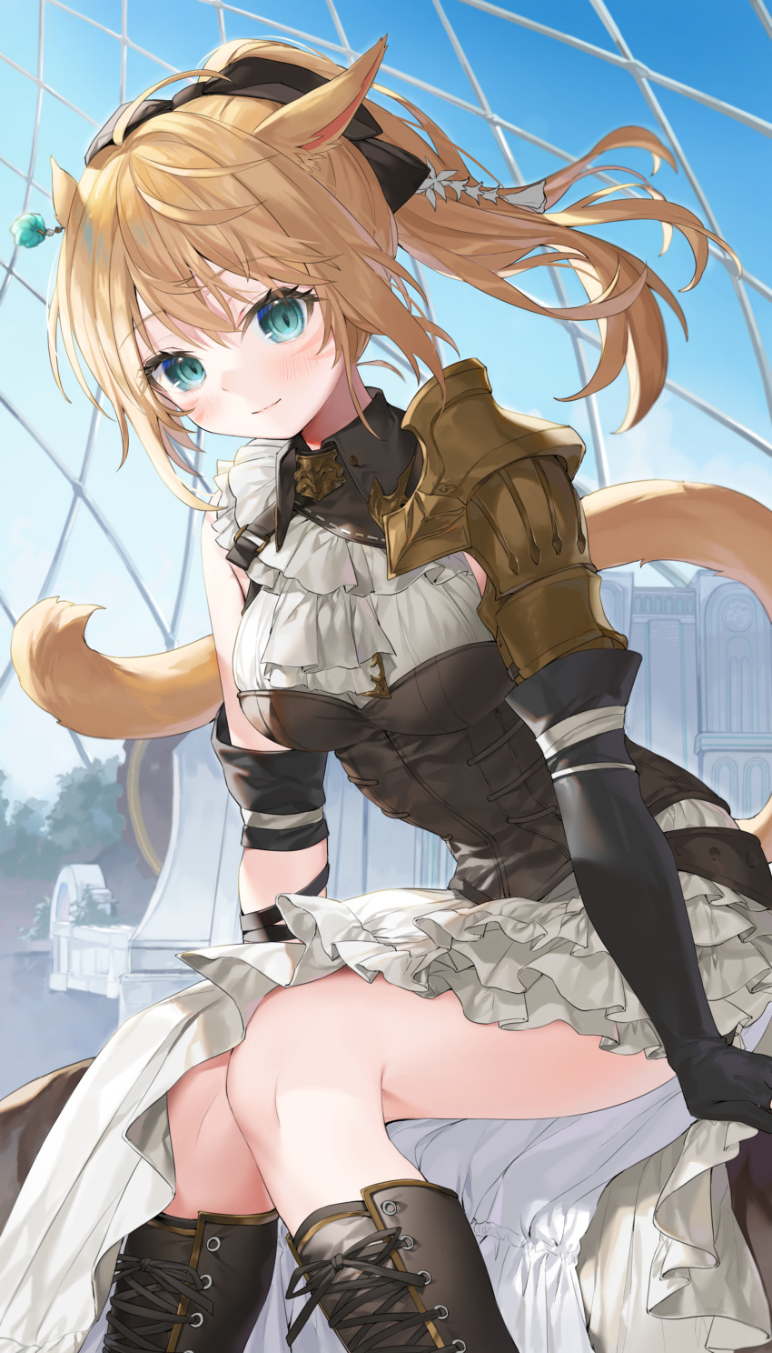 1girl absurdres animal_ears aqua_eyes armor avatar_(ff14) bangs blonde_hair blush boots bow breasts cat_ears cat_tail elbow_gloves facial_mark final_fantasy final_fantasy_xiv gloves hair_bow highres long_hair looking_at_viewer medium_breasts miqo'te ponytail shoulder_armor single_elbow_glove sitting slit_pupils smile solo tail whisker_markings yana_mori