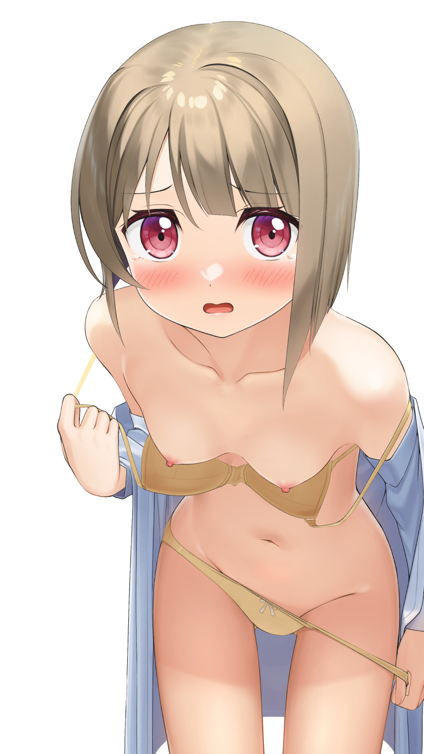 1girl absurdres apollo_(hu_maple) ass_visible_through_thighs asymmetrical_bangs bangs blush bow bow_bra bow_panties bra bra_pull breasts check_commentary clothes_pull collarbone commentary_request cowboy_shot dot_nose embarrassed frown groin hand_up highres leaning_forward light_brown_hair long_sleeves looking_at_viewer love_live! love_live!_nijigasaki_high_school_idol_club nakasu_kasumi navel nipples off_shoulder open_clothes open_shirt panties panty_pull partial_commentary pink_eyes pulled_by_self shirt short_hair simple_background small_breasts solo standing stomach strap_pull tearing_up thighs underwear undressing wavy_mouth white_background white_shirt yellow_bra yellow_panties