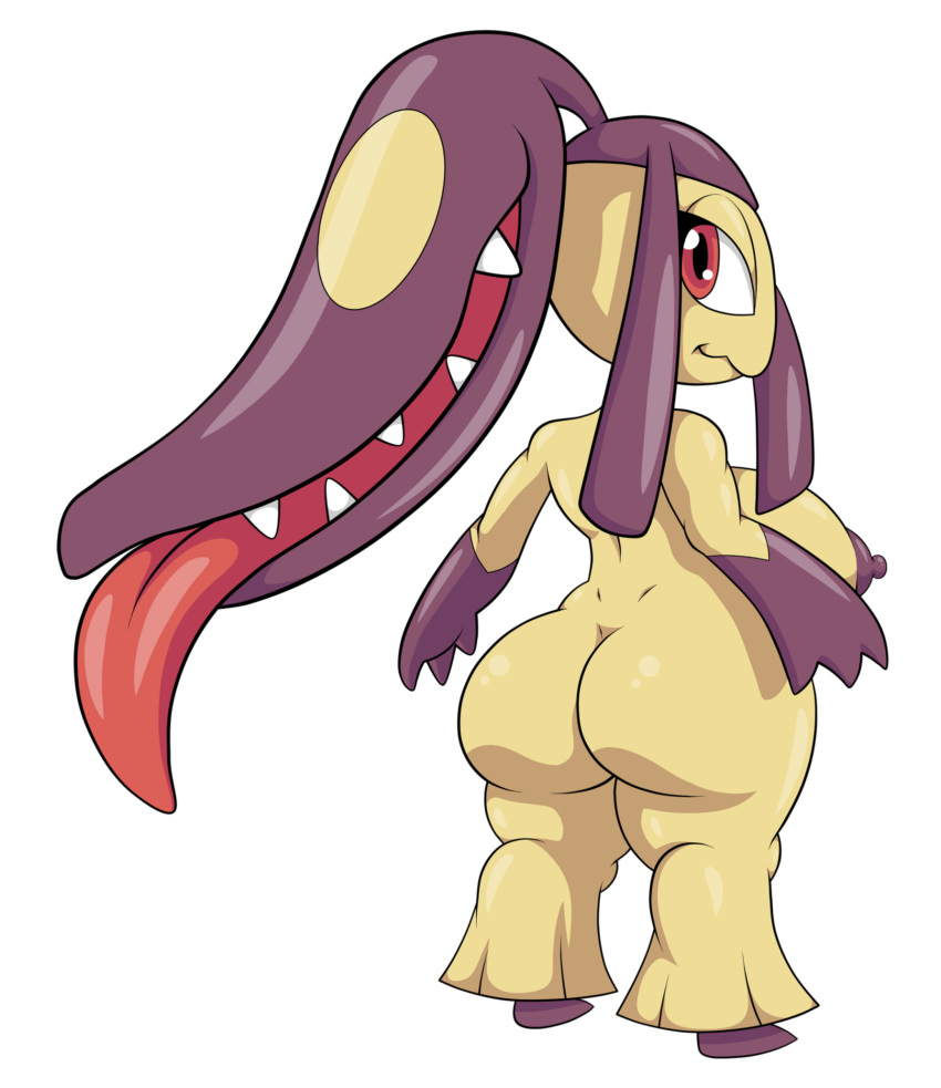 anthro areola big_breasts big_butt black_pupils breasts butt female generation_3_pokemon gloves_(marking) hi_res looking_back markings mawile nintendo nipples nude pokemon pokemon_(species) pupils purple_areola purple_nipples red_eyes shiny_pokemon side_boob smile solo tan_body thegeckoninja thick_thighs tongue tongue_out wide_hips