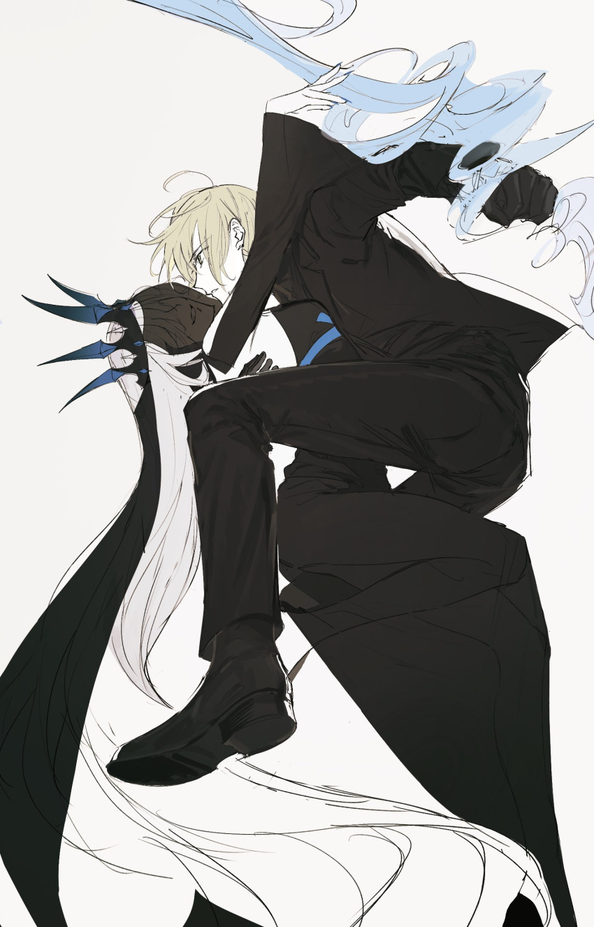 2girls absurdres ahoge arm_around_back artoria_pendragon_(fate) black_footwear black_gloves black_jacket black_pants black_shirt black_veil blonde_hair breasts commentary_request crown dress fate_(series) formal forzen from_side gloves hair_over_eyes highres invisible_air_(fate) jacket long_hair long_sleeves medium_breasts morgan_le_fay_(fate) multiple_girls necktie pants shirt siblings simple_background sisters sketch smile veil very_long_hair white_background