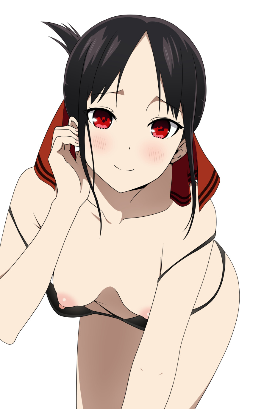 1girl bent_over black_hair blush breasts collarbone coro_fae downblouse hair_ornament highres kaguya-sama_wa_kokurasetai_~tensai-tachi_no_renai_zunousen~ light_smile looking_at_viewer nipple_slip nipples red_eyes shinomiya_kaguya simple_background small_breasts solo thighs white_background