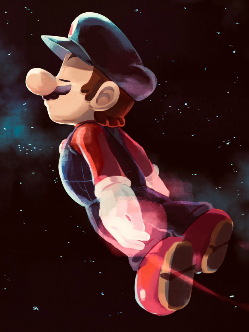 alternate_color_hat big_nose black_headwear black_overalls brown_hair closed_eyes closed_mouth comet facial_hair flying from_side full_body hat highres long_sleeves mario mario_(series) mustache overalls red_shirt shirt shooting_star short_hair solo space super_mario_galaxy ya_mari_6363