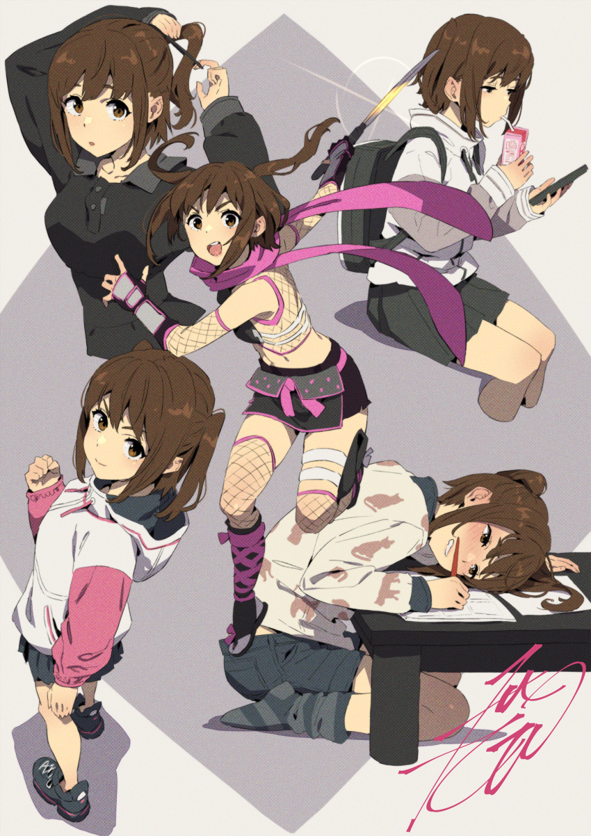 1girl armor black_shirt black_shorts breastplate brown_eyes brown_hair cellphone clenched_hand collage cropped_torso dagger drawing drinking fingerless_gloves fishnet_thighhighs fishnets full_body gloves head_on_table highres holding holding_pen holding_weapon hood hoodie juice_box knife kobayashi_gen long_scarf looking_at_phone looking_at_viewer looking_up ninja open_mouth pen phone pink_scarf sakamiya_hotaru scarf school_girl_strikers seiza shirt shoes short_shorts shorts sidelocks simple_background sitting smartphone sneakers socks striped striped_socks stuffed_toy thigh_strap thighhighs twintails tying_hair weapon white_hoodie