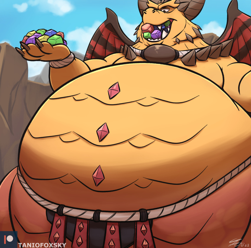 2022 activision anthro belly big_belly bottomwear claws clothing cloud dragon eating gem horn loincloth magnus_(spyro) male membrane_(anatomy) membranous_wings moobs obese obese_anthro obese_male overweight overweight_anthro overweight_male rescued_dragons_(spyro) scales solo spikes spyro_the_dragon standing wings
