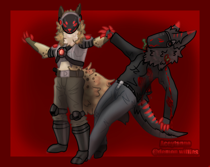 aceytango anthro blood bodily_fluids brown_body clothed clothing digital_media_(artwork) fur hair hi_res hyena johmn kano_(mortal_kombat) machine male mammal protogen red_eyes screen screen_face simple_background smile solo spots spotted_hyena