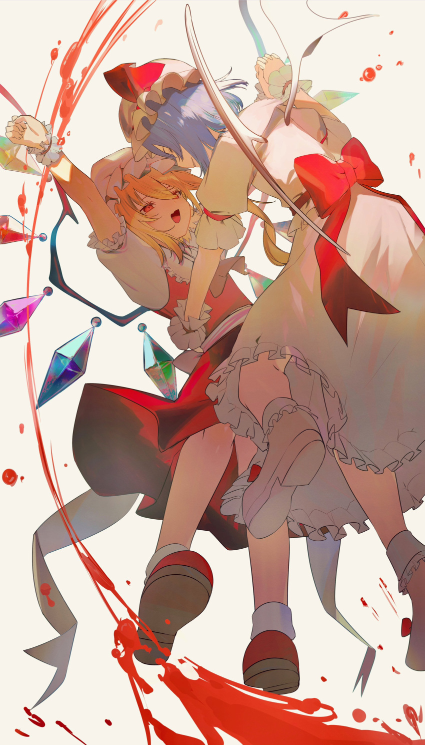 2girls :d absurdres ambiguous_red_liquid back_bow bangs blonde_hair blue_hair bow closed_eyes collared_shirt commentary crystal dancing flandre_scarlet frilled_shirt_collar frilled_skirt frills full_body grin hand_on_another's_hip hat hat_ribbon highres holding_hands ikasoba long_hair looking_at_another medium_hair mob_cap multiple_girls open_mouth puffy_short_sleeves puffy_sleeves red_bow red_eyes red_footwear red_ribbon red_vest remilia_scarlet ribbon shirt shoes short_sleeves skirt smile socks touhou vest white_headwear white_shirt white_skirt white_socks wings wrist_cuffs