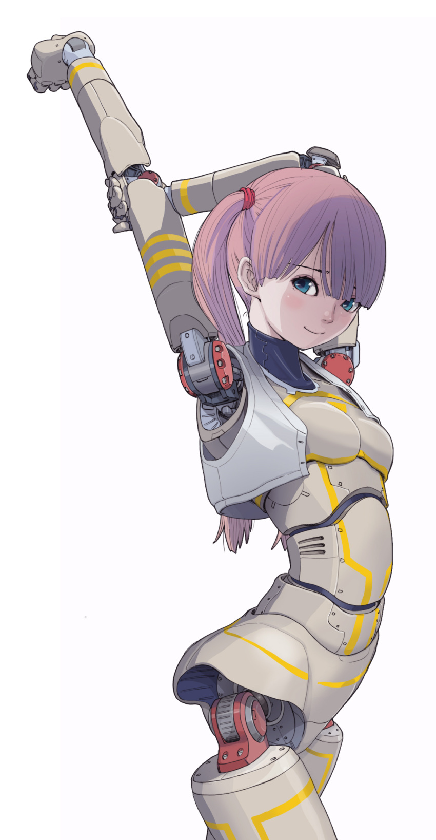 1girl android bangs blue_eyes blunt_bangs blush breasts highres joints looking_at_viewer mechanical_arms mechanical_legs original pink_hair robot_joints small_breasts smile solo stretching sukabu two_side_up vest white_background white_vest