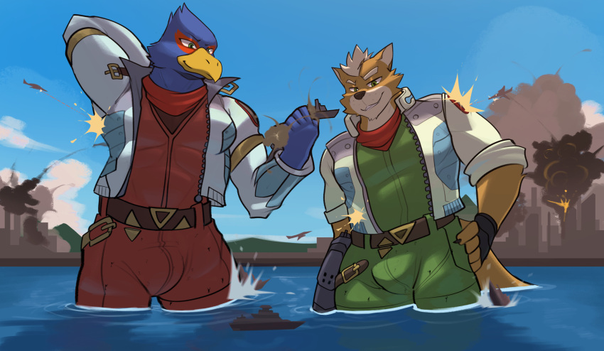 2023 aircraft airplane anthro avian bird blue_body bulge canid canine city clothing destruction digital_media_(artwork) duo falco_lombardi fox fox_mccloud hi_res macro male mammal nintendo orange_body rygel_spkb sea ship star_fox vehicle water watercraft