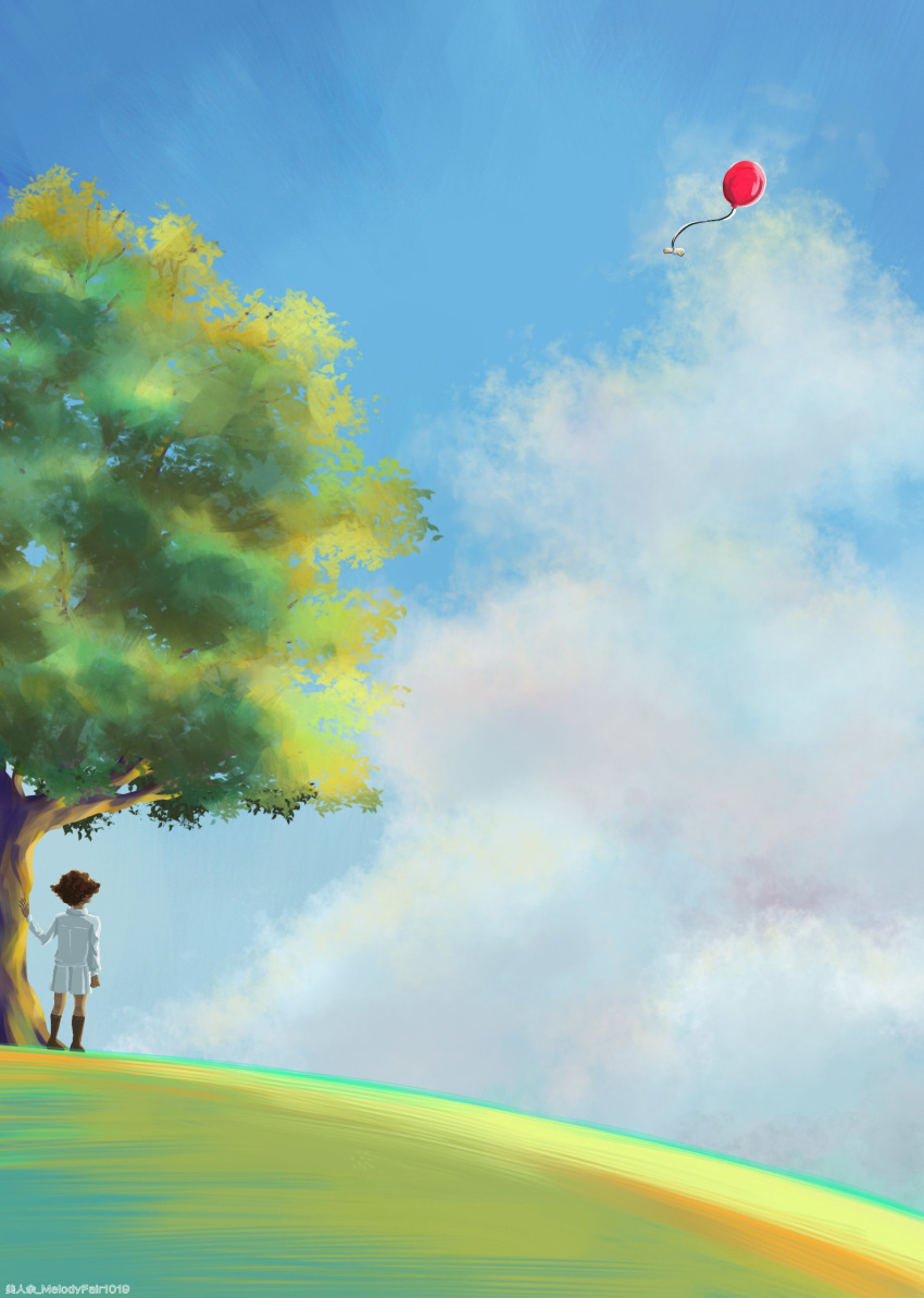 1girl absurdres artist_name balloon black_skirt blue_sky cloud cloudy_sky day female_child highres long_sleeves melodyfair1019 outdoors pleated_skirt shirt sister_krone skirt sky solo standing tree white_shirt wide_shot yakusoku_no_neverland