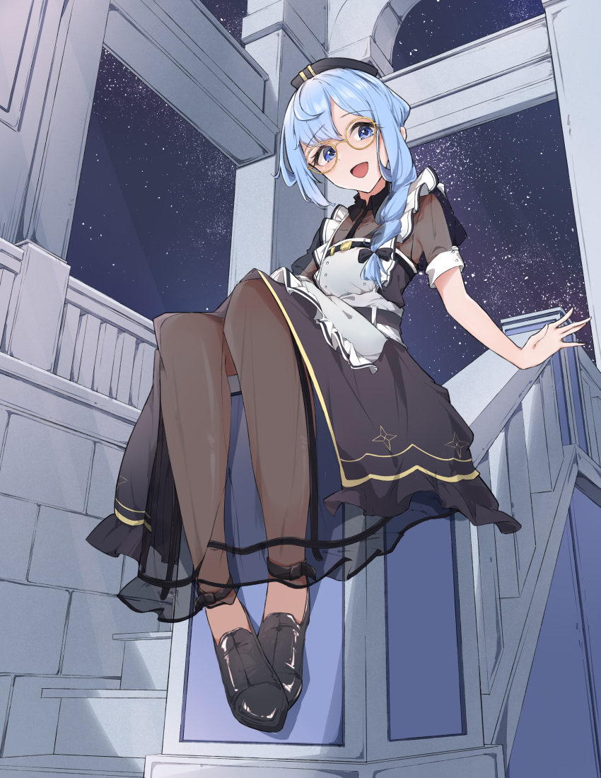 1girl :d absurdres airenif apron black_dress black_gloves black_pantyhose blue_eyes blue_hair braid breasts breasts_out dress frilled_apron frills gloves grey_apron hat highres hololive hoshimachi_suisei long_hair long_skirt looking_at_viewer night night_sky nurse_cap official_alternate_costume official_alternate_hair_length official_alternate_hairstyle pantyhose see-through see-through_cleavage see-through_legwear see-through_sleeves short_sleeves side_braid side_slit single_braid sitting sitting_on_railing skirt sky smile solo stairs star_(sky) star_(symbol) star_in_eye starry_sky strappy_heels symbol_in_eye virtual_youtuber yellow-framed_eyewear