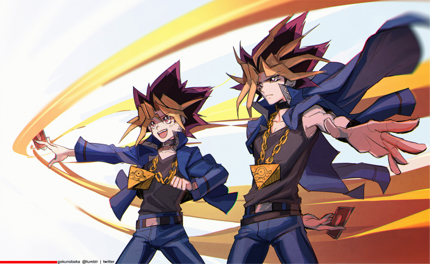 2boys belt black_shirt blue_jacket brown_eyes card chain collar denim frown gokunobaka gold_necklace jacket jeans jewelry male_focus multiple_boys mutou_yuugi necklace open_clothes open_jacket pants playing_card shirt spiked_hair yami_yuugi yu-gi-oh! yu-gi-oh!_duel_monsters