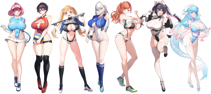 5girls absurdres arrow_(tamawo222) ball bangs baseball_bat baseball_uniform belt black_belt black_hair blonde_hair blue_eyes blue_hair blunt_bangs breasts cleavage_cutout clothes_writing clothing_cutout commentary_request covered_navel cross-body_stretch curvy eyes_visible_through_hair fish_tail grey_eyes high_ponytail highleg highleg_leotard highres huge_breasts knee_pads large_breasts legs leotard leotard_under_clothes long_hair looking_at_viewer md5_mismatch micro_shorts multiple_girls navel open_mouth orange_hair original pink_eyes pointy_ears purple_eyes racket red_eyes red_hair revealing_clothes romaji_text short_hair shorts simple_background smile soccer_ball sportswear stretching swept_bangs tail tennis_racket tennis_skirt tennis_uniform thong_leotard track_and_field twintails very_long_hair visor_cap volleyball volleyball_uniform white_background white_hair