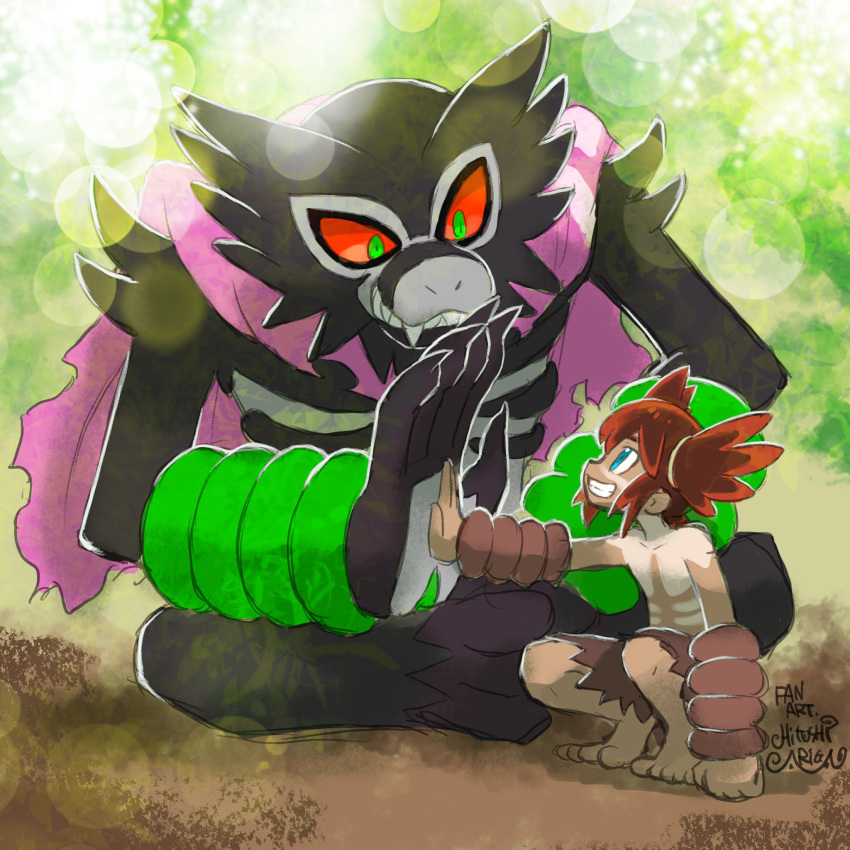 1boy ariga_hitoshi arm_support barefoot brown_hair brown_shorts colored_sclera green_eyes grin highres koko_(pokemon) looking_up male_focus orange_sclera pokemon pokemon_(anime) pokemon_(creature) pokemon_the_movie:_secrets_of_the_jungle shorts signature smile squatting teeth toes topless_male torn_clothes torn_shorts two_side_up zarude