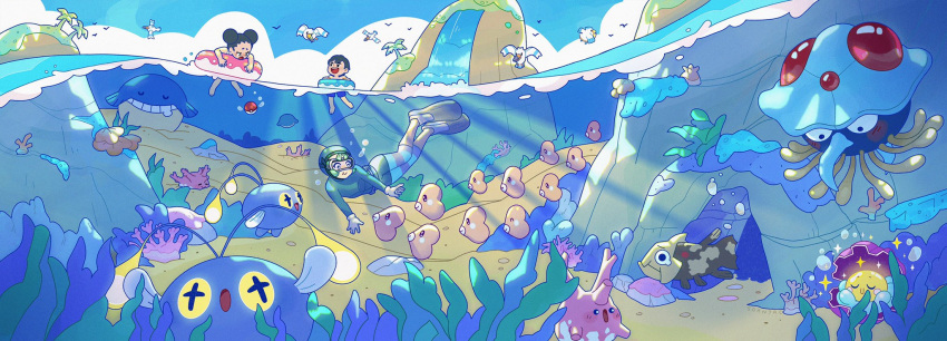 +_+ 1boy 2girls :d afloat barefoot black_hair cave chinchou clamperl commentary coral corsola day free_diver_(pokemon) glowing glowing_eyes grass highres innertube looking_down luvdisc male_swimwear multiple_girls open_mouth palm_tree partially_underwater_shot pelipper pokemon pokemon_(game) pokemon_oras relicanth sky smile soanjaconnac sparkle tentacruel tree tuber_(pokemon) wailmer water waterfall wingull