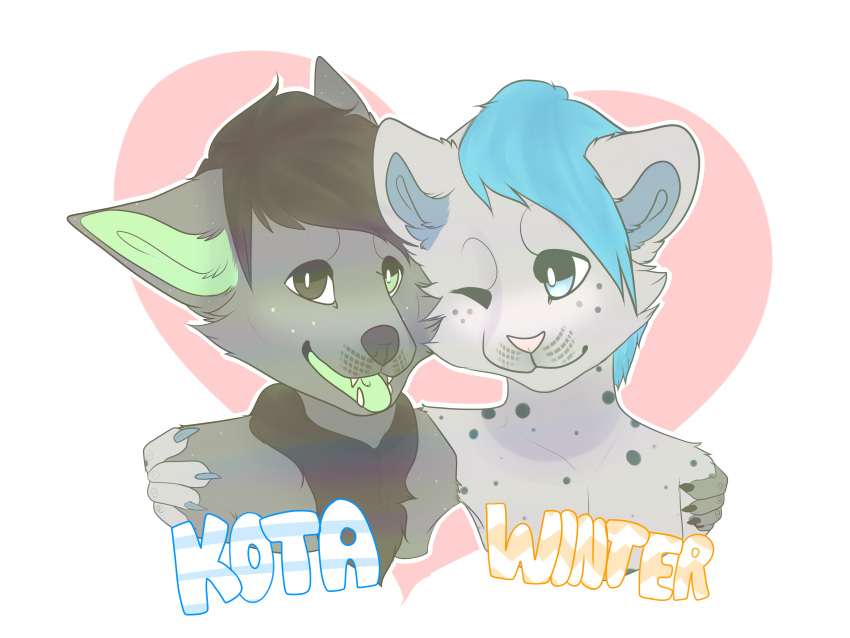 &lt;3 absurd_res anthro canid canine duo felid fennec fox hair heterochromia hi_res kota_(kotafen) male male/male mammal markings pantherine simple_background snow_leopard spots winter_(kotafen)