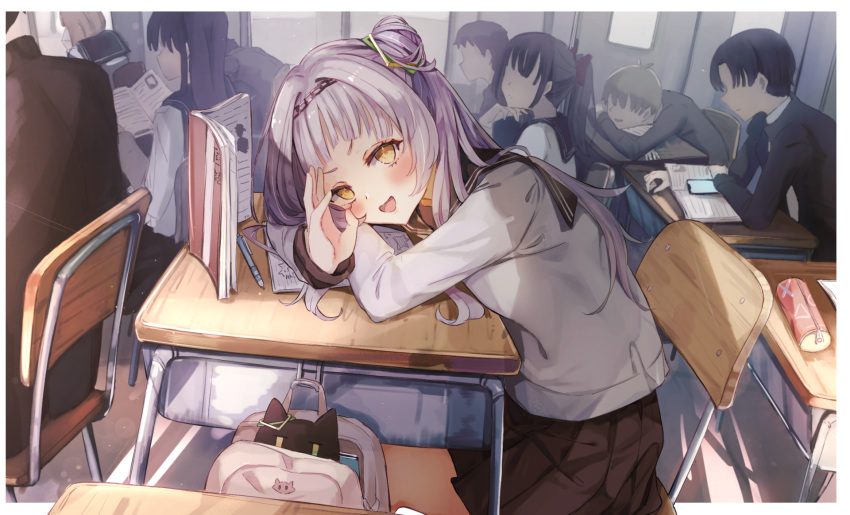 4girls 5boys bag bangs blunt_bangs blush book cellphone chair classroom commentary_request desk hair_bun hairband head_rest highres hololive indoors long_hair long_sleeves looking_at_viewer miakiuehashi multiple_boys multiple_girls murasaki_shion open_mouth pen pencil_case phone pleated_skirt revision sailor_collar school_chair school_desk school_uniform serafuku shiokko_(murasaki_shion) short_eyebrows sidelocks single_side_bun sitting skirt smartphone smile sunlight virtual_youtuber yellow_eyes