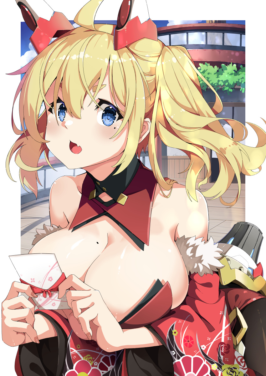 1girl absurdres animal_ears arms_under_breasts bare_shoulders blonde_hair blue_eyes breasts chestnut_mouth chinese_zodiac cleavage detached_collar fang fur_trim hair_between_eyes happy_new_year highres japanese_clothes large_breasts long_hair mecha_musume mole mole_on_breast mole_under_eye nontraditional_playboy_bunny note open_mouth original outdoors outside_border rabbit_ears twintails upper_body year_of_the_rabbit zelitto