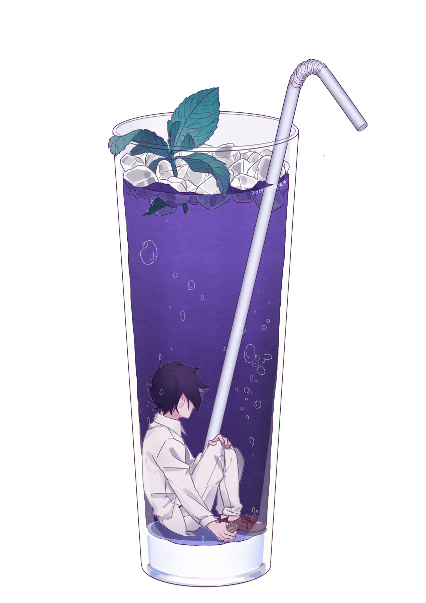 1boy absurdres black_hair brown_footwear bubble collared_shirt drink facing_away from_side hand_on_own_knee highres knees_up leaf long_sleeves pants ray_(yakusoku_no_neverland) rlotte shirt shoes short_hair sitting solo white_pants white_shirt wide_shot yakusoku_no_neverland
