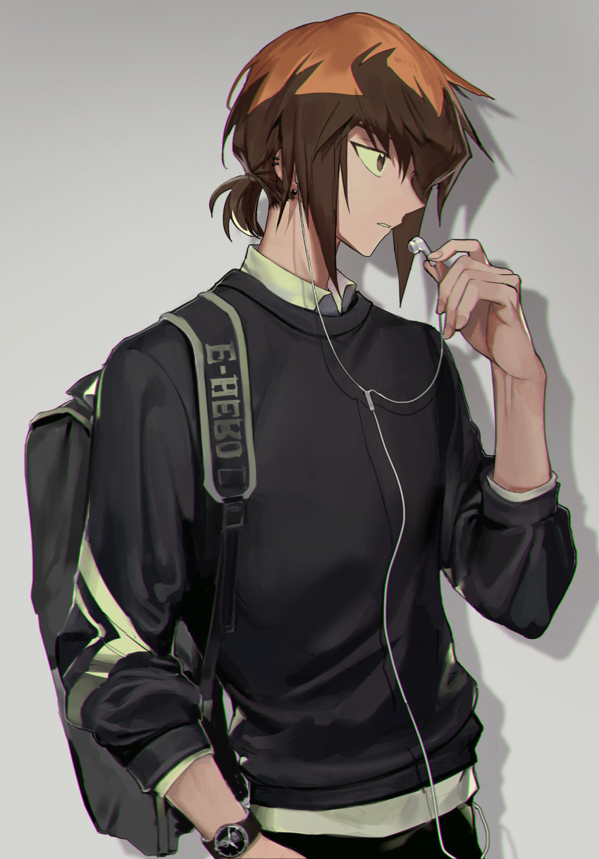 1boy alternate_costume alternate_hairstyle bag brown_eyes brown_hair casual cocaduel headphones highres looking_ahead male_focus simple_background solo watch wristwatch yu-gi-oh! yu-gi-oh!_gx yuuki_juudai