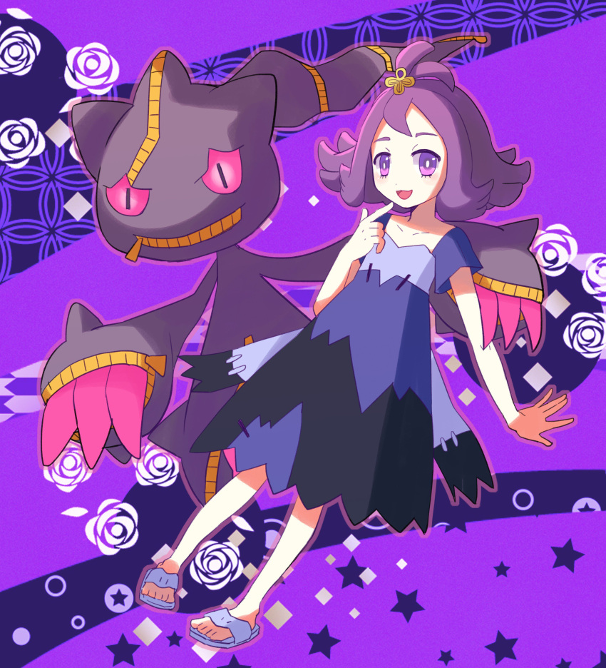 1girl :d absurdres acerola_(pokemon) banette bangs blue_dress commentary_request dress flip-flops flipped_hair hair_ornament hairclip hand_up highres index_finger_raised medium_hair mega_banette mega_pokemon multicolored_clothes multicolored_dress open_mouth peppedayo_ne pokemon pokemon_(creature) pokemon_(game) pokemon_sm purple_hair sandals short_sleeves smile stitches toes topknot torn_clothes torn_dress