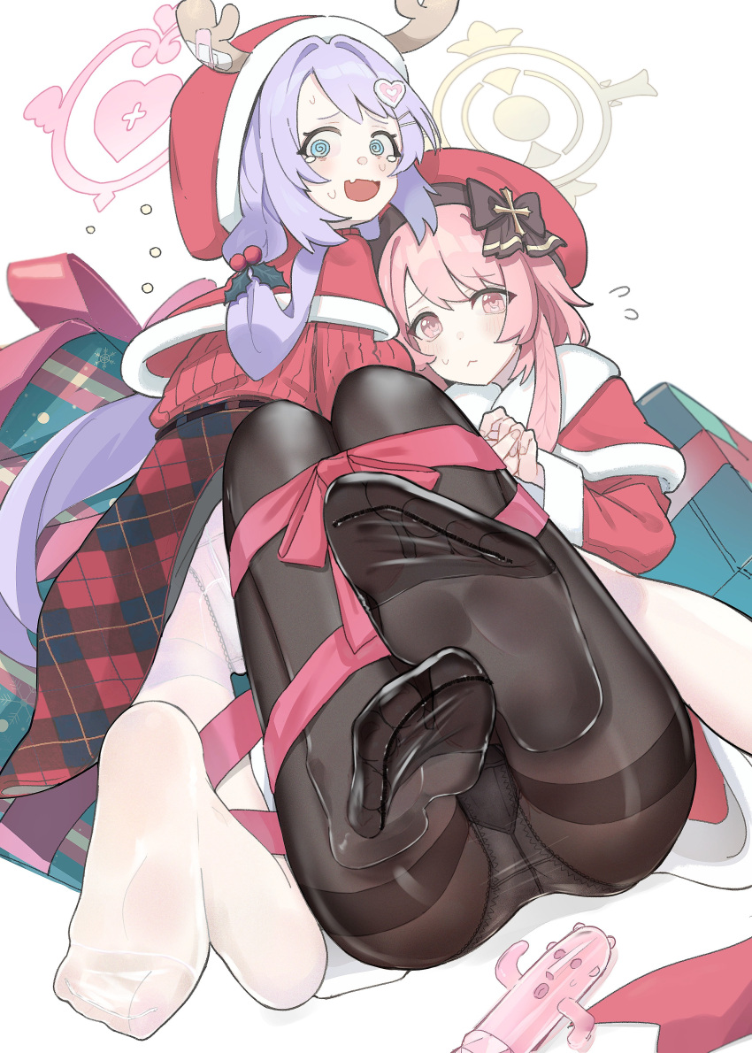 2girls :&lt; @_@ absurdres antlers ass bangs beret black_pantyhose blue_archive blue_eyes bound capelet closed_mouth commentary dress embarrassed fake_antlers fang feathers feet flying_sweatdrops foot_focus frown fur-trimmed_capelet fur_trim hair_ornament halo hanae_(blue_archive) hanae_(christmas)_(blue_archive) haniwa_(statue) hat heart heart_hair_ornament highres holding_hands kilabo long_hair low_twintails medium_hair mistletoe_hair_ornament multiple_girls official_alternate_costume open_mouth panties panties_under_pantyhose pantyhose pink_eyes pink_hair purple_hair red_capelet red_headwear red_ribbon reindeer_antlers ribbon ribbon_bondage santa_dress santa_hat serina_(blue_archive) serina_(christmas)_(blue_archive) skin_fang smile soles sweatdrop swept_bangs symbol-only_commentary thighband_pantyhose thighs toes twintails underwear very_long_hair white_panties white_pantyhose
