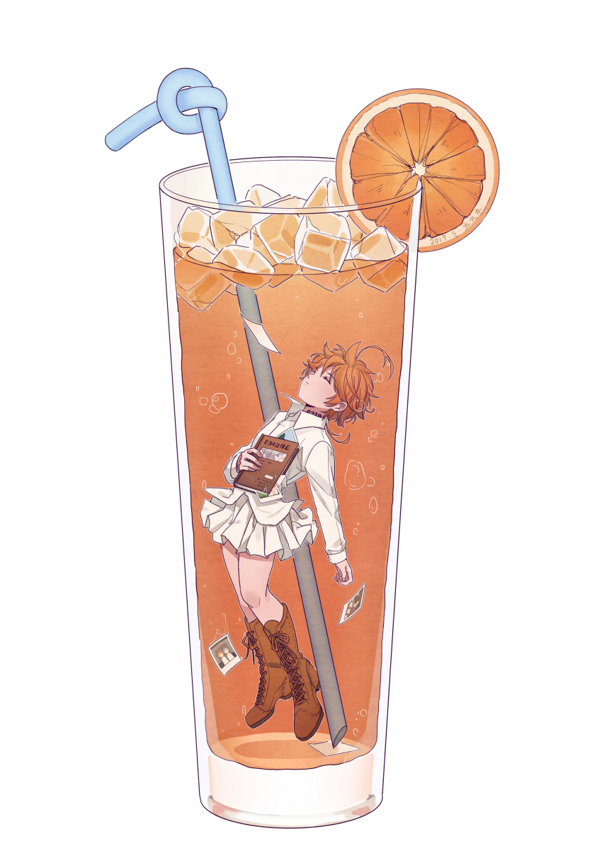 1girl absurdres book boots brown_footwear closed_eyes collared_shirt crazy_straw drink drinking_straw emma_(yakusoku_no_neverland) food fruit highres holding holding_book ice ice_cube long_sleeves orange_(fruit) orange_hair orange_slice photo_(object) pleated_skirt rlotte shadow shirt short_hair simple_background skirt solo white_background white_shirt white_skirt yakusoku_no_neverland