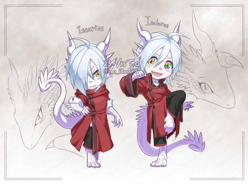 2boys ahoge animal animal_ears animal_feet black_pants brothers brown_background changpao chibi chinese_clothes claws dated digitigrade dragon dragon_boy dragon_horns dragon_tail fang full_body hair_between_eyes heterochromia high_collar horns long_sleeves looking_at_viewer monster_boy multicolored_eyes multiple_boys multiple_horns open_mouth original pants scales sharp_teeth siblings skin_fang slit_pupils standing standing_on_one_leg t_o_illustvs tail teeth twitter_username watermark white_hair white_horns white_scales white_tail wide_sleeves yellow_eyes