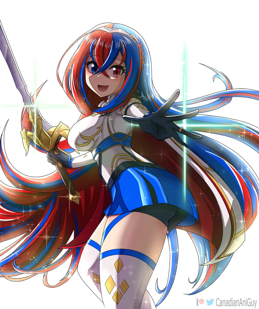 1girl alear_(female)_(fire_emblem) alear_(fire_emblem) ass black_gloves blue_eyes blue_hair braid breasts canadiananiguy crown_braid fire_emblem fire_emblem_engage garter_straps gloves heterochromia highres holding holding_sword holding_weapon jewelry long_hair looking_at_viewer looking_back medium_breasts multicolored_hair open_mouth reaching_towards_viewer red_eyes red_hair ring shorts shorts_under_skirt skirt smile solo sword thighhighs thighs tiara very_long_hair weapon