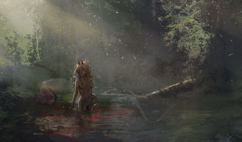 1girl animal_on_shoulder bear blonde_hair blood_in_water chainsaw_man dappled_sunlight dirty forest hair_over_one_eye highres horns in_water long_hair meowy_(chainsaw_man) messy messy_hair mon_(icebuko) nature nude partially_submerged red_horns severed_head sunlight yellow_eyes