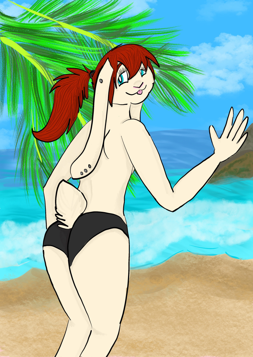 absurd_res andromorph animal_humanoid anthro beach big_breasts blush bottomwear breasts clothed clothing digital_media_(artwork) female feral fruit_tree fur hair hi_res humanoid intersex isabell isi lagomorph leporid looking_at_viewer mammal outside partially_clothed plant plum_tree rabbit red_hair seaside sky smile solo swimwear thebonebutterfly topless tree underwear water