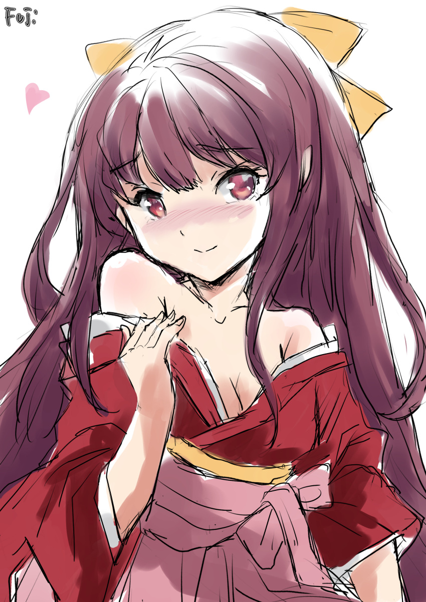 1girl bare_shoulders breasts cleavage commentary_request cowboy_shot fuji_(pixiv24804665) hakama highres japanese_clothes kamikaze_(kancolle) kantai_collection kimono long_hair medium_breasts meiji_schoolgirl_uniform off_shoulder pink_hakama purple_hair red_eyes red_kimono smile solo