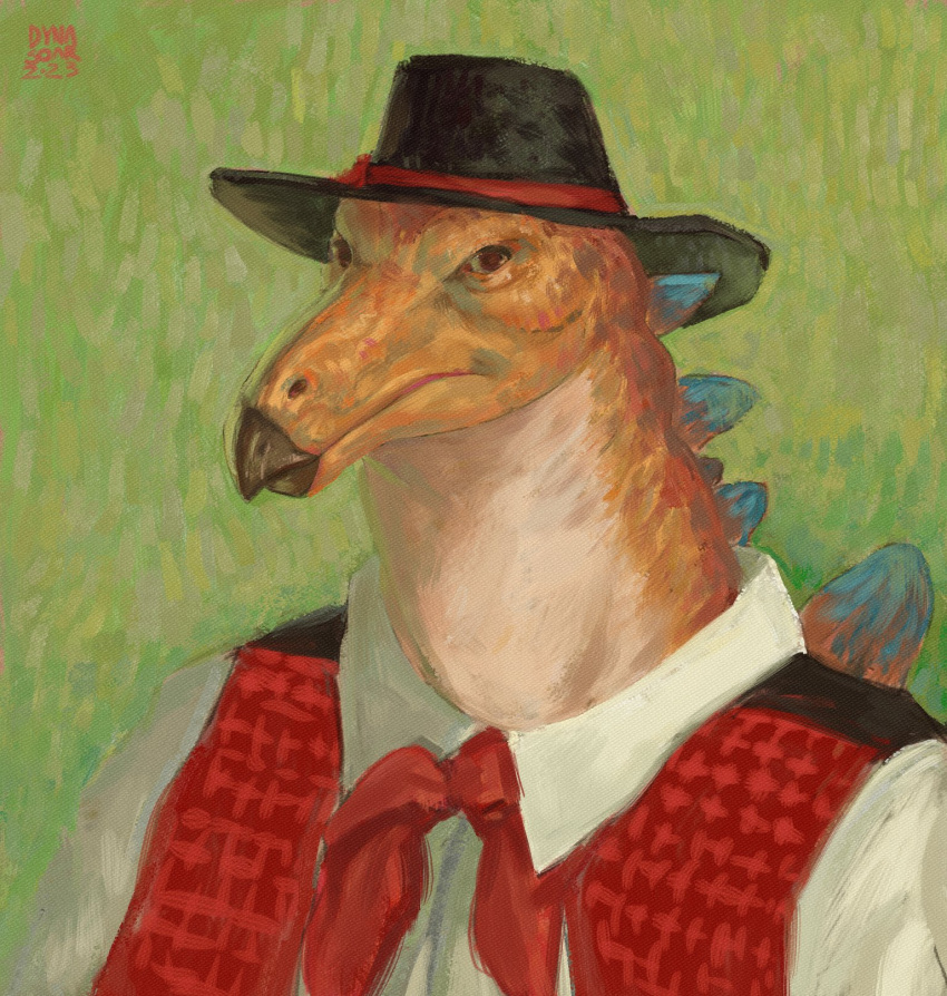 1:1 2023 anthro beak black_clothing black_hat black_headwear blue_spines brown_eyes bust_portrait clothed clothing cowboy cowboy_hat digital_media_(artwork) digital_painting_(artwork) dinosaur dyna_soar farmer france green_background hat headgear headwear hi_res impressionist_background kerchief looking_at_viewer male markings neckerchief orange_body orange_markings ornithischian plates pointillism portrait post-impressionism rancher red_clothing red_kerchief red_neckerchief red_topwear red_vest reptile scalie shirt signature simple_background solo spines stegosaurian stegosaurus three-quarter_portrait thyreophoran topwear traditional_dress vest white_clothing white_shirt white_topwear