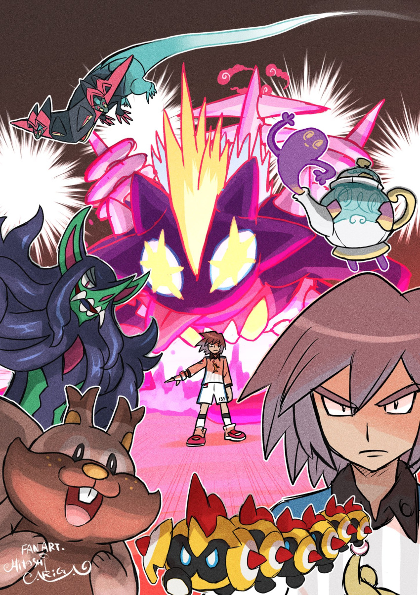 1boy alternate_costume ariga_hitoshi bangs black_eyes brown_hair closed_mouth collared_shirt commentary_request dragapult falinks frown gigantamax gigantamax_toxtricity greedent grimmsnarl highres looking_at_viewer male_focus medium_hair paul_(pokemon) pokemon pokemon_(anime) pokemon_(game) pokemon_dppt_(anime) pokemon_swsh polteageist red_footwear shirt shoes shorts signature socks standing toxtricity white_shirt white_shorts white_socks