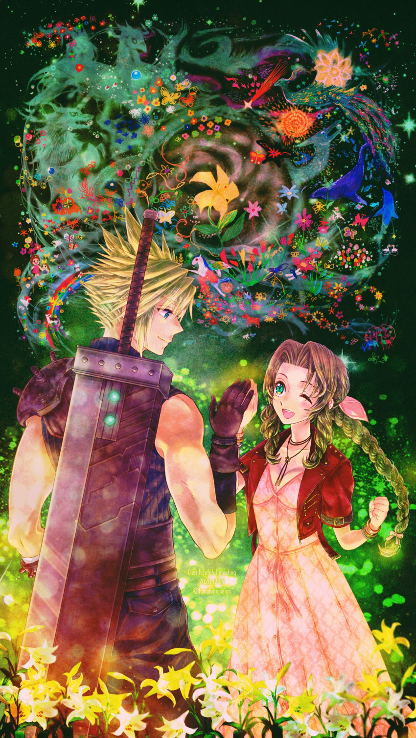 1boy 1girl 39cva absurdres aerith_gainsborough armor bangle bangs belt blonde_hair blue_eyes blue_pants blue_shirt bracelet braid braided_ponytail breasts brown_belt brown_gloves brown_hair buster_sword choker cleavage clenched_hand cloud_strife cowboy_shot cropped_jacket dress final_fantasy final_fantasy_vii final_fantasy_vii_remake flower flower_choker gloves green_eyes hair_between_eyes hair_ribbon high_five highres jacket jewelry lily_(flower) long_dress long_hair looking_at_another materia medium_breasts multiple_belts one_eye_closed open_mouth pants parted_bangs pink_dress pink_ribbon red_jacket ribbon shirt short_hair short_sleeves shoulder_armor sidelocks single_bare_shoulder sleeveless sleeveless_turtleneck smile spiked_hair teeth toned toned_male turtleneck upper_teeth_only wavy_hair weapon weapon_on_back yellow_flower