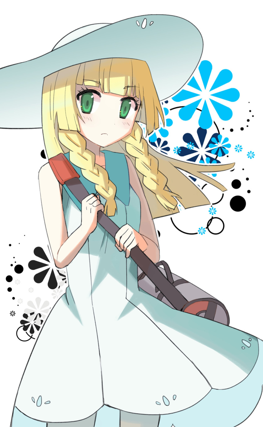 1girl absurdres bag bangs bare_arms blonde_hair blunt_bangs blush braid closed_mouth collared_dress commentary_request dress duffel_bag frown green_eyes hat highres holding_strap lillie_(pokemon) long_hair looking_at_viewer peppedayo_ne poke_ball_theme pokemon pokemon_(game) pokemon_sm see-through sleeveless sleeveless_dress solo sun_hat sundress twin_braids white_background