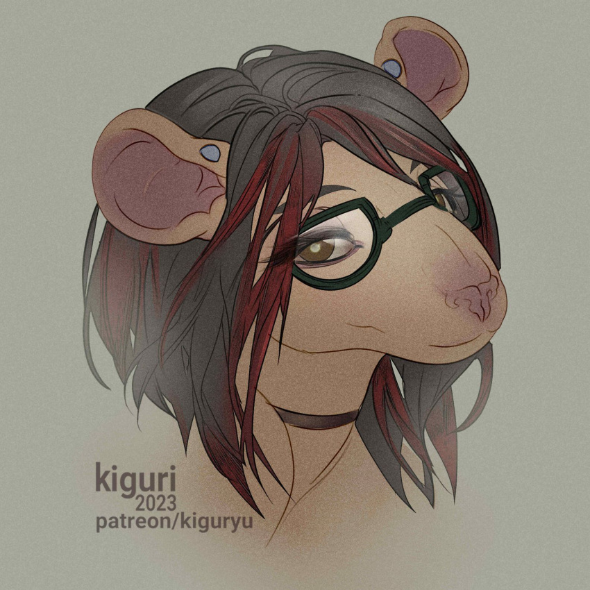 anthro black_hair eyewear female glasses hair headshot_portrait hi_res kaitlynn_de_vris kiguri looking_at_viewer mammal murid murine portrait rat rodent solo