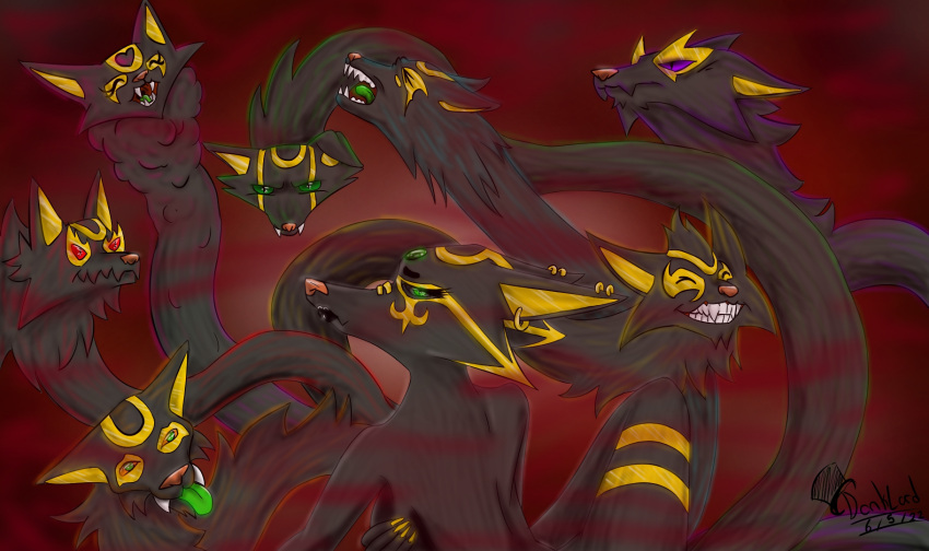 anthro azorian black_body canid canine donklord female fluffy fog fox hi_res hybrid looking_at_viewer mammal mask multi_head multi_tail pats_(patrina_erubus) smoke solo tail tongue