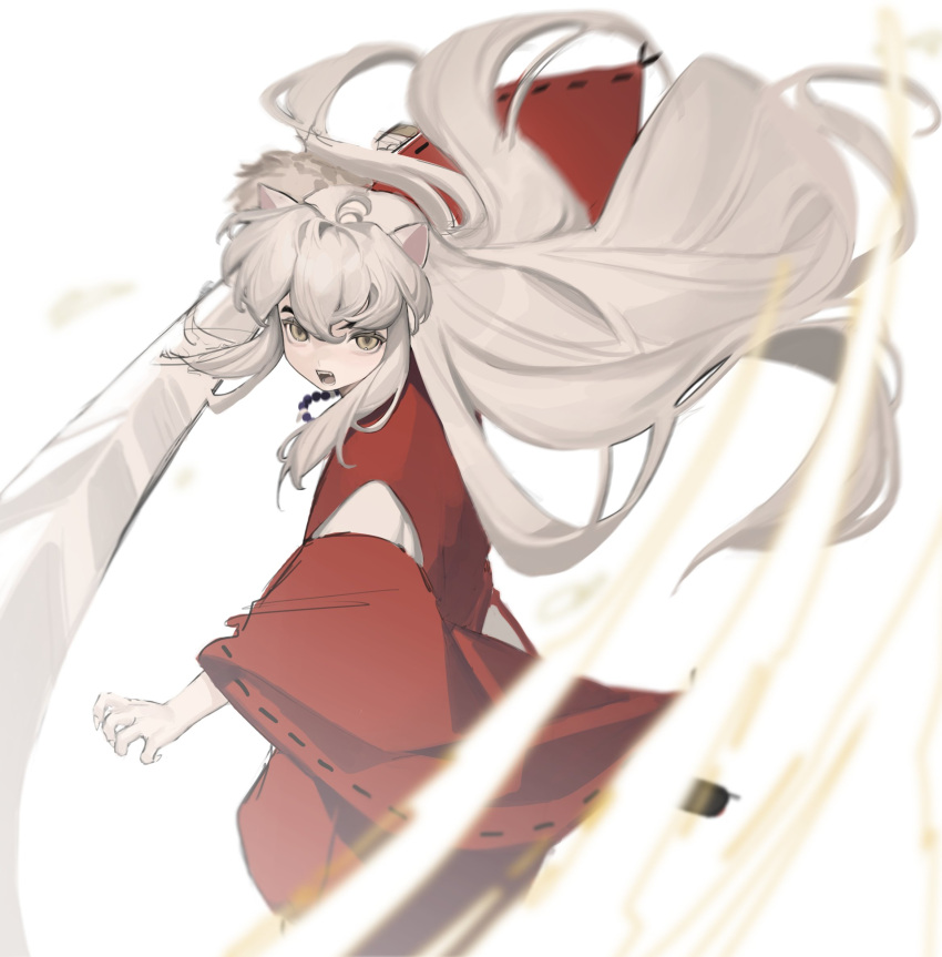 1boy animal_ears antenna_hair bead_necklace beads cbow clenched_hand demon_boy dog_boy dog_ears fighting_stance grey_hair hair_between_eyes hakama highres holding holding_sword holding_weapon huge_weapon inuyasha inuyasha_(character) japanese_clothes jewelry long_hair long_sleeves looking_at_viewer male_focus necklace open_mouth red_hakama red_shirt shirt sidelocks solo sword tooth_necklace weapon white_background wide_sleeves yellow_eyes