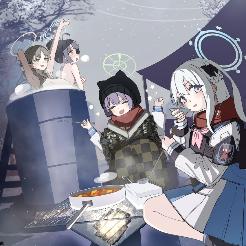4girls absurdres alternate_costume armpits bare_tree bathing black_bow black_hair blanket blue_archive blue_eyes blue_skirt bobblehat bow breasts bright_pupils brown_eyes brown_hair camping chopsticks closed_eyes cooking drum_bath fang flak_jacket grey_hair grill hair_bow halo highres holding holding_chopsticks jacket kilabo ladder ladle large_breasts looking_at_viewer miyako_(blue_archive) miyu_(blue_archive) moe_(blue_archive) multiple_girls neckerchief nude open_mouth outdoors patch pink_neckerchief pleated_skirt poncho purple_hair red_eyes saki_(blue_archive) scarf shawl sitting skin_fang skirt snow snowing stepladder stew tarpaulin tasting tree two-tone_skirt white_pupils white_skirt winter winter_clothes